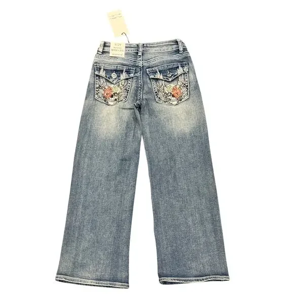 Telepatía Mid-Rise, Wide-Leg Denim Stretch Embellished Jeans Women’s 9/29 Skull - Picture 1 of 12